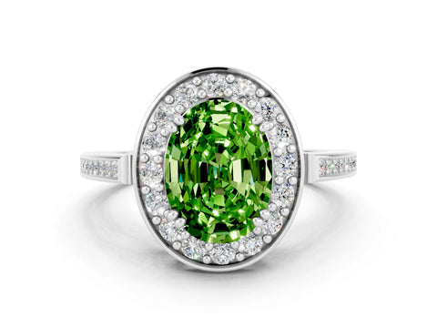 White gold Oval Cut Peridot Halo Ring with Split Shank and Four-Prong Setting