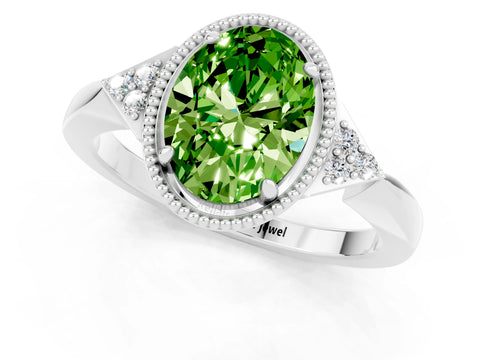 White gold Oval Cut Peridot Halo Ring with Tapered Band and Four-Prong Setting_1