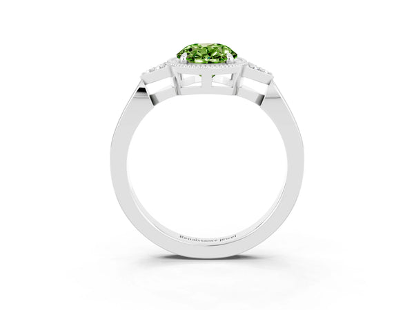Silver Oval Cut Peridot Halo Ring with Tapered Band and Four-Prong Setting