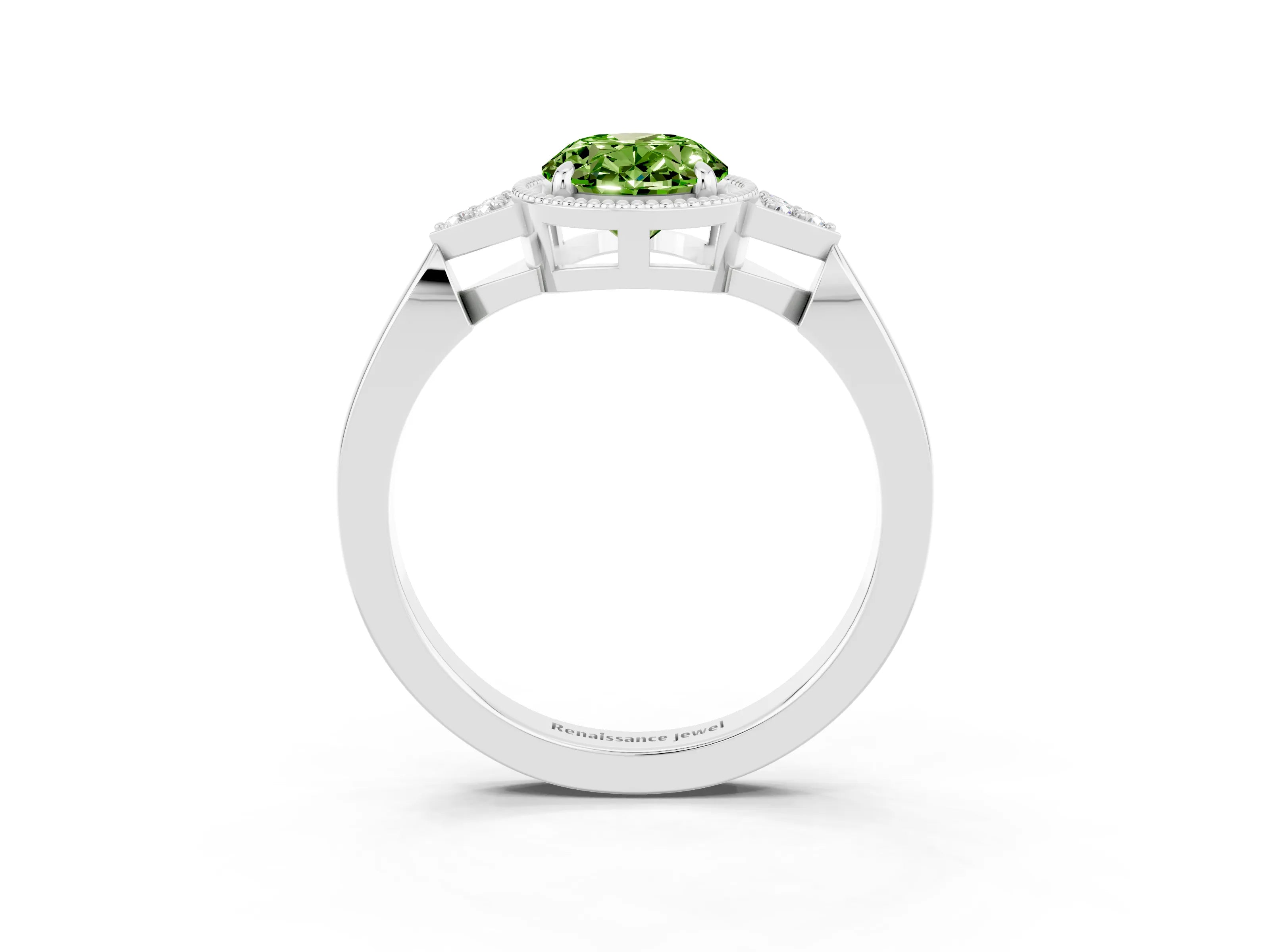 White gold Oval Cut Peridot Halo Ring with Tapered Band and Four-Prong Setting_3