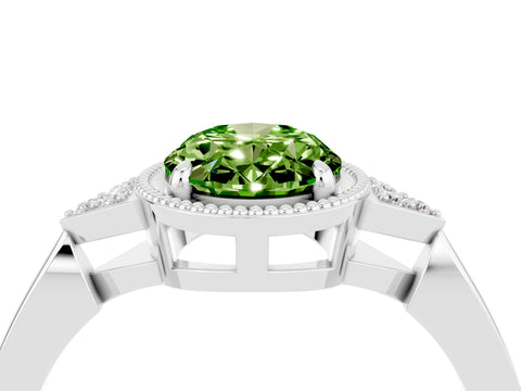 White gold Oval Cut Peridot Halo Ring with Tapered Band and Four-Prong Setting_4