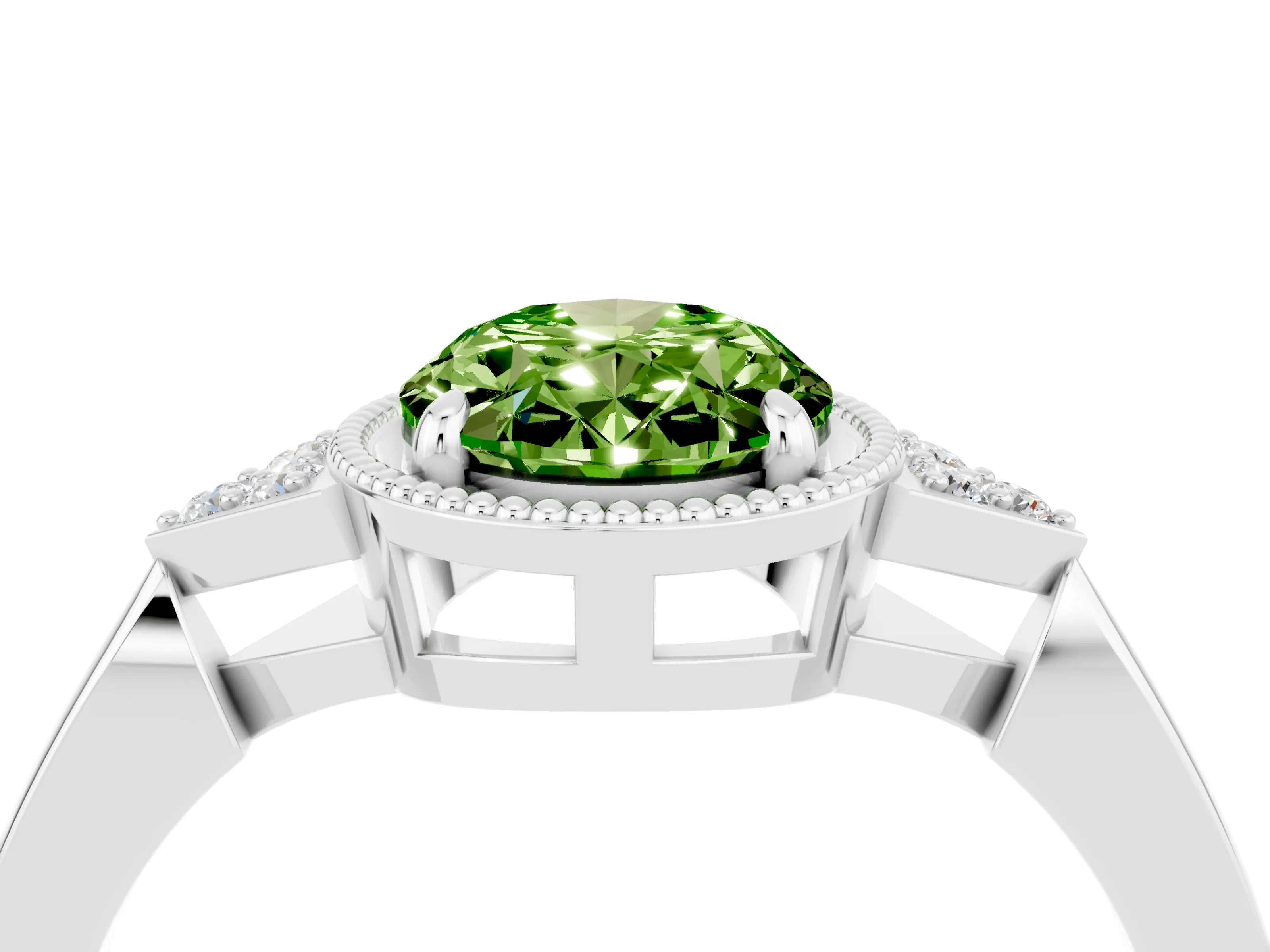White gold Oval Cut Peridot Halo Ring with Tapered Band and Four-Prong Setting_4