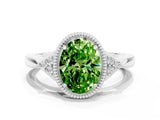White gold Oval Cut Peridot Halo Ring with Tapered Band and Four-Prong Setting
