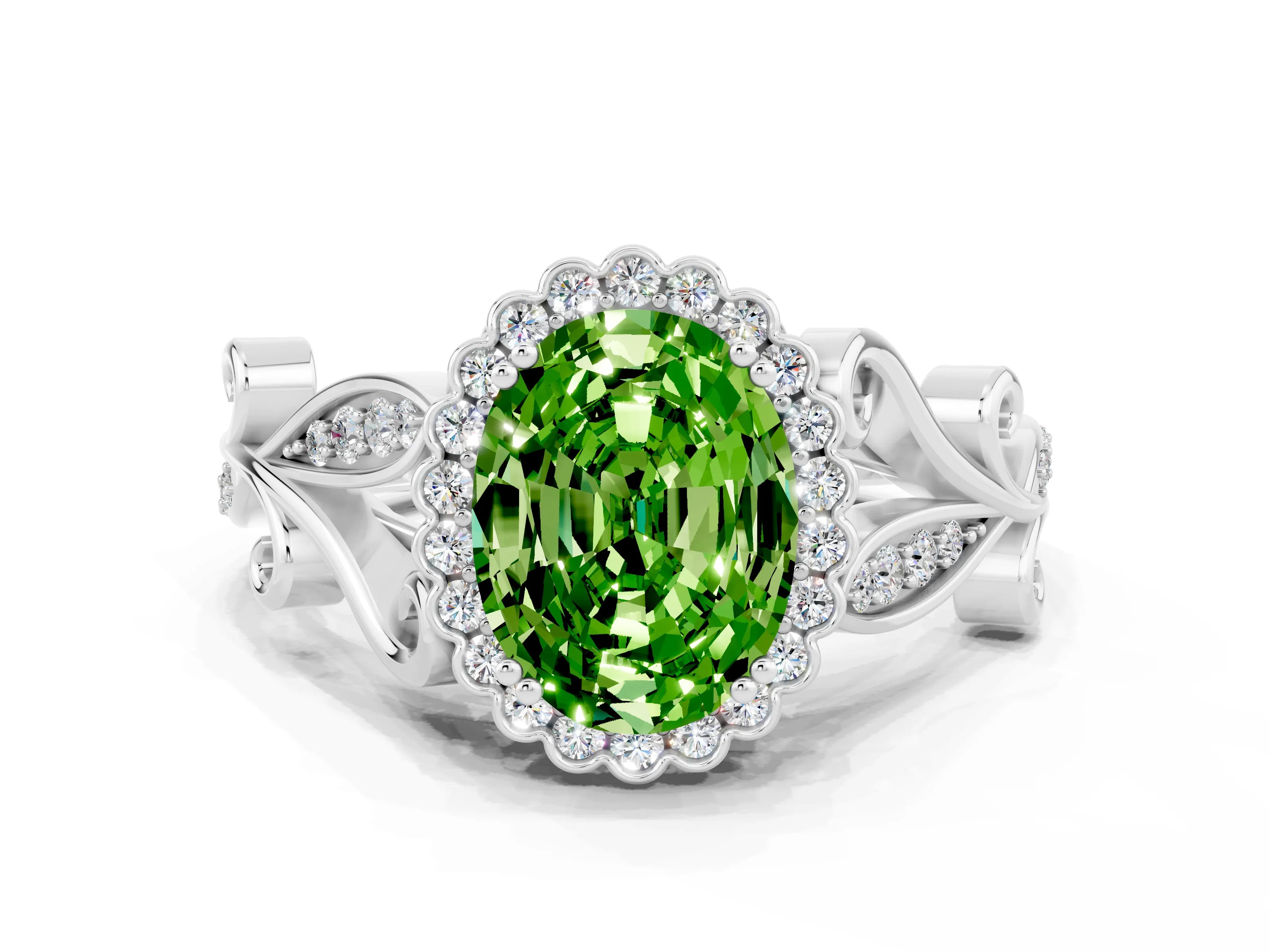 White gold Oval Cut Peridot Halo Ring with Vintage Split Shank and Four-Prong Setting_24