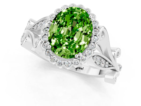 White gold Oval Cut Peridot Halo Ring with Vintage Split Shank and Four-Prong Setting