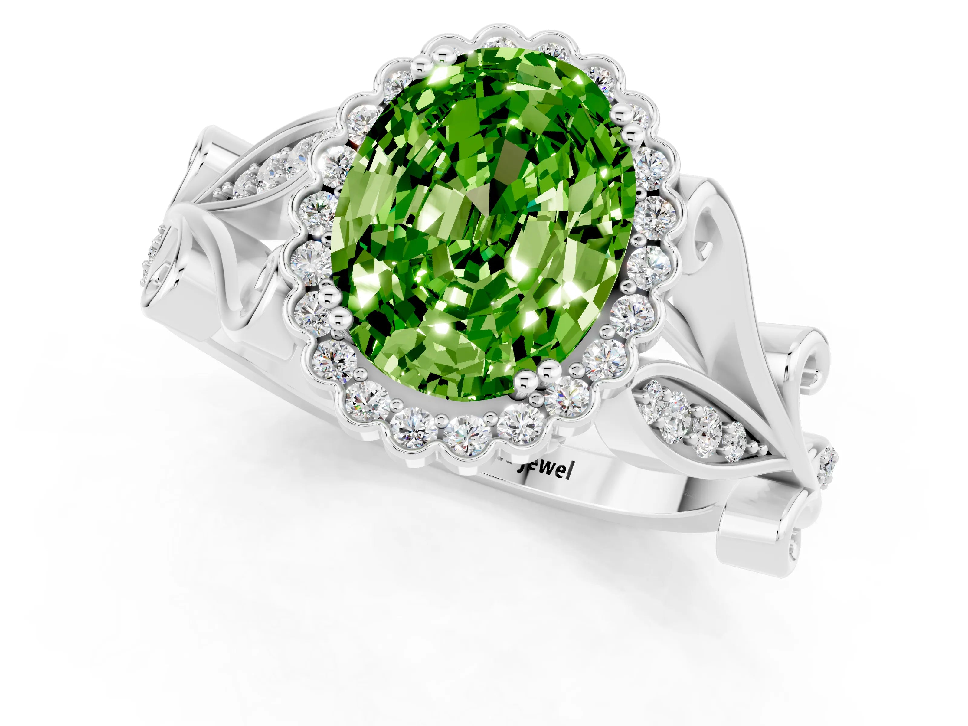 White gold Oval Cut Peridot Halo Ring with Vintage Split Shank and Four-Prong Setting_25