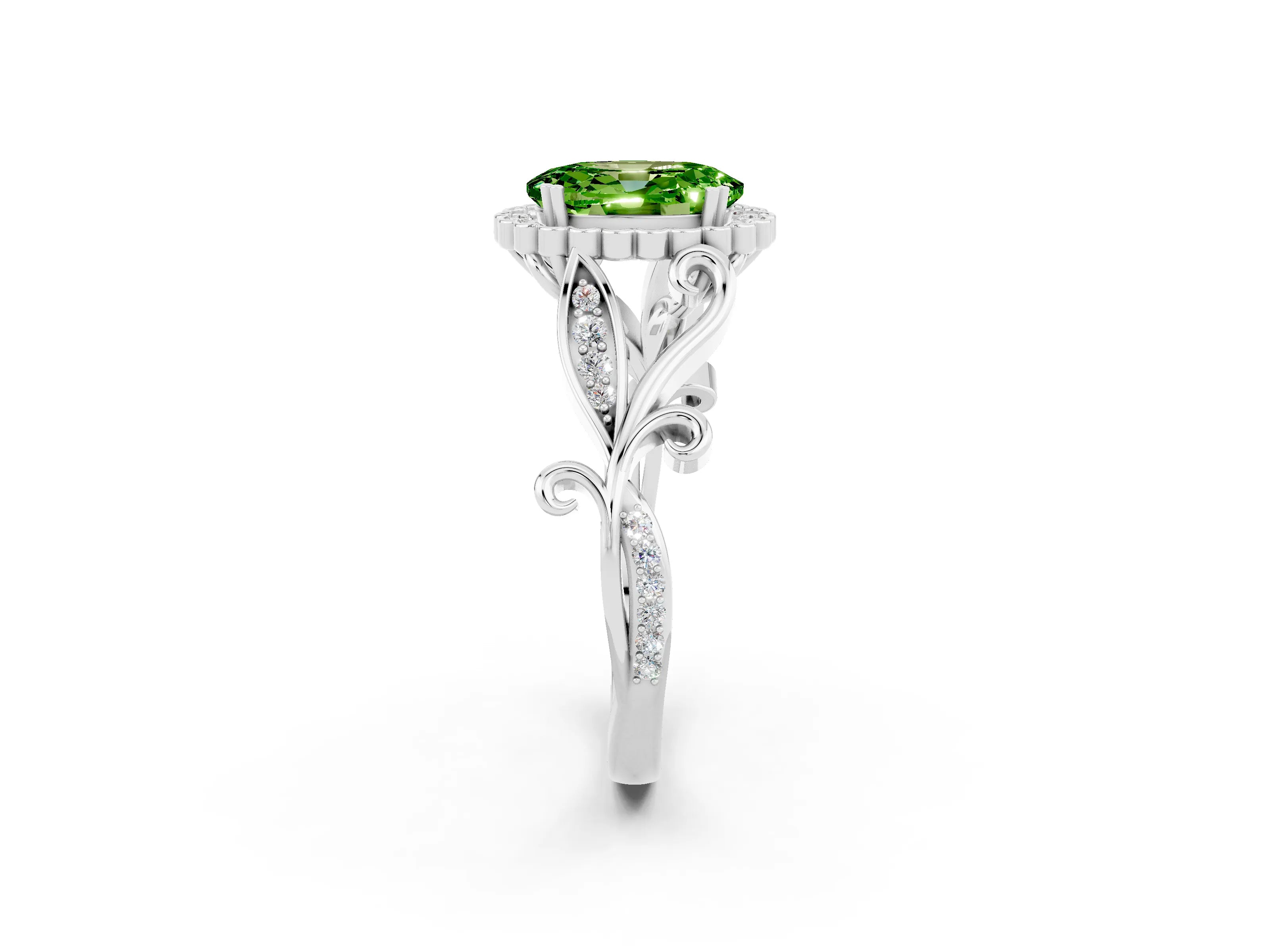 White gold Oval Cut Peridot Halo Ring with Vintage Split Shank and Four-Prong Setting_26