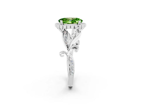 White gold Oval Cut Peridot Halo Ring with Vintage Split Shank and Four-Prong Setting_26