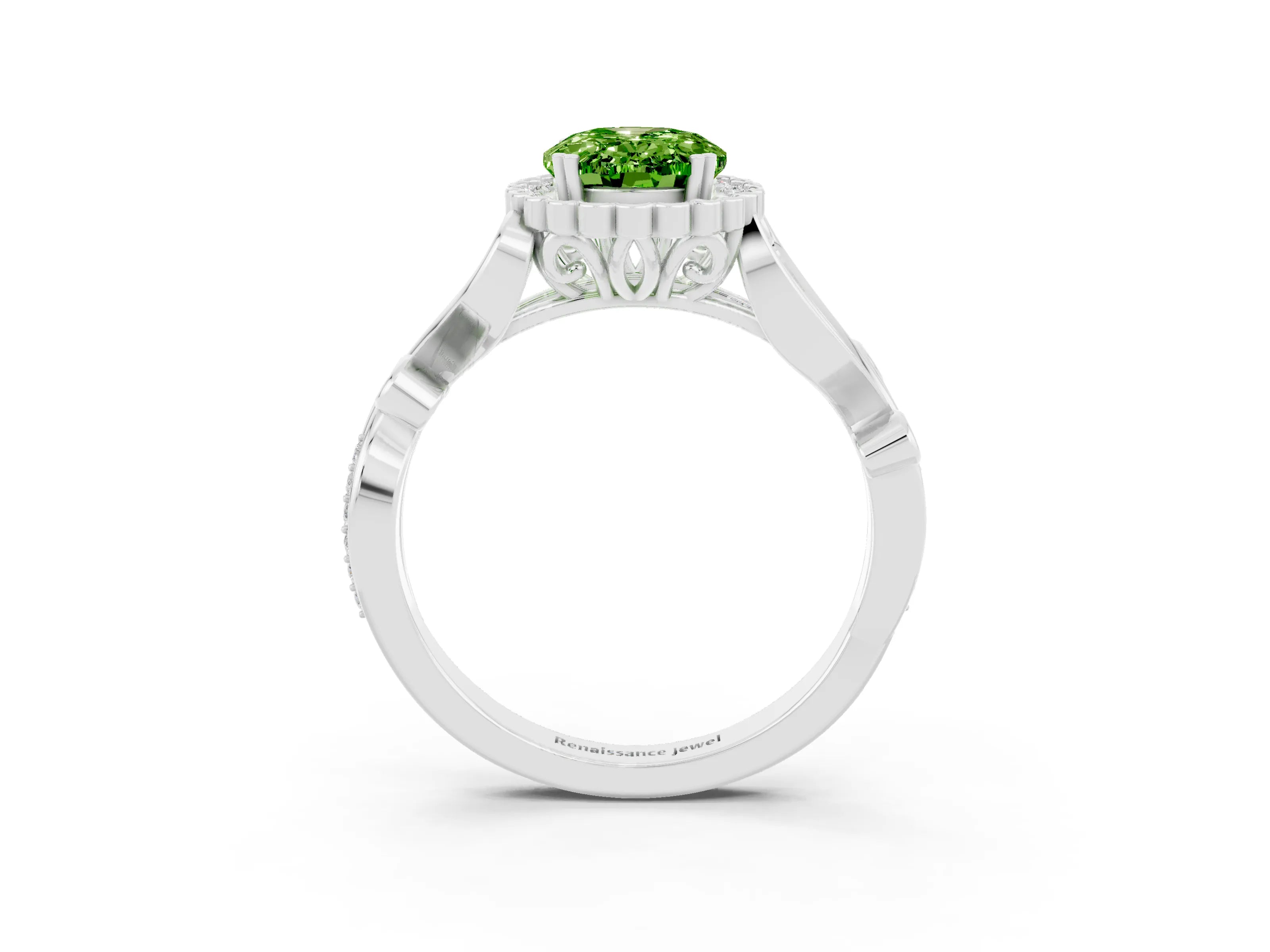 White gold Oval Cut Peridot Halo Ring with Vintage Split Shank and Four-Prong Setting_27