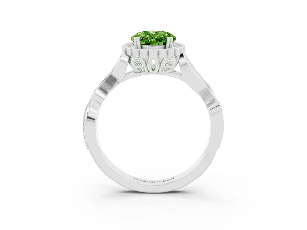 White gold Oval Cut Peridot Halo Ring with Vintage Split Shank and Four-Prong Setting