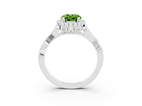 White gold Oval Cut Peridot Halo Ring with Vintage Split Shank and Four-Prong Setting_27