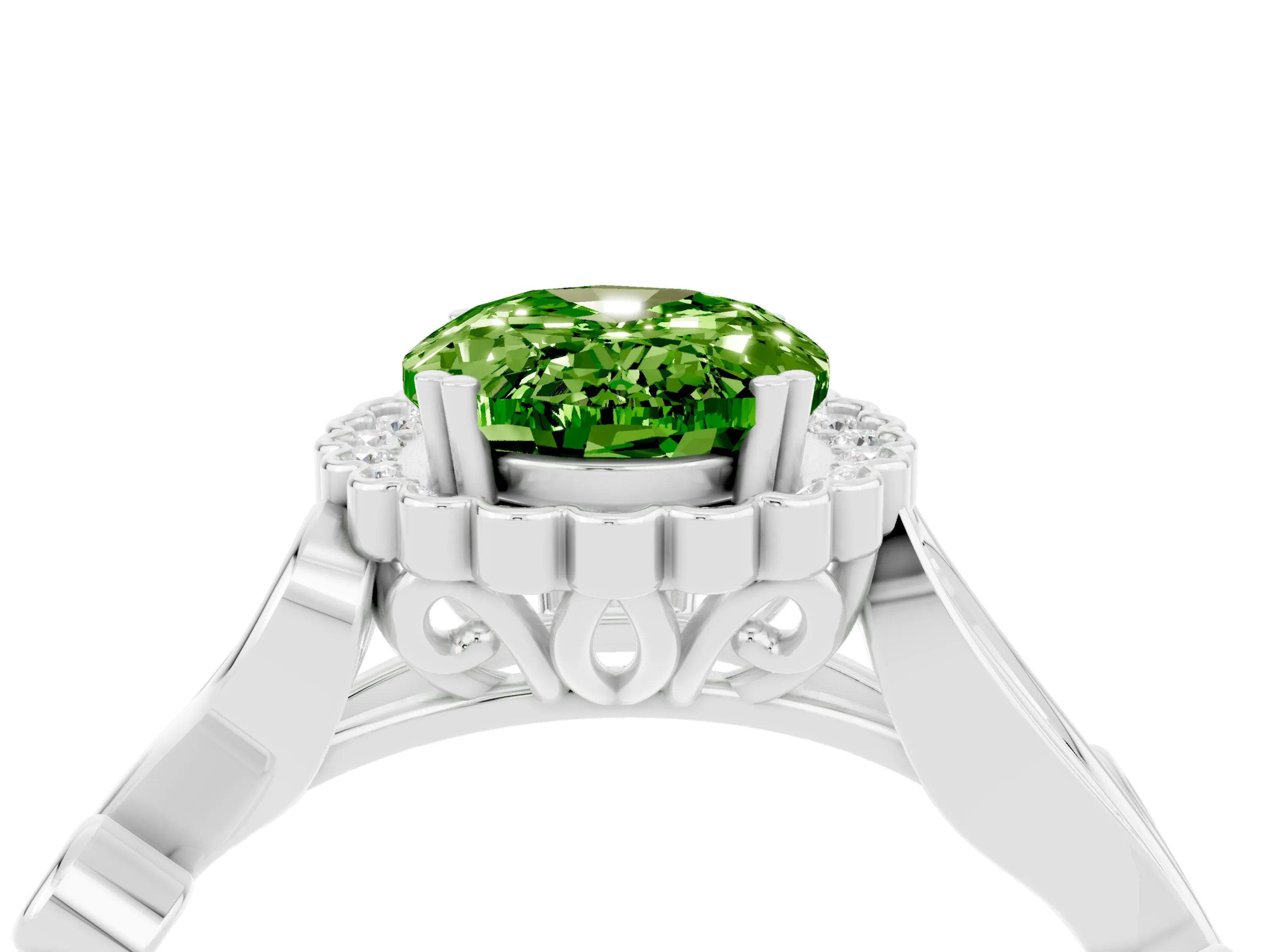 White gold Oval Cut Peridot Halo Ring with Vintage Split Shank and Four-Prong Setting_28