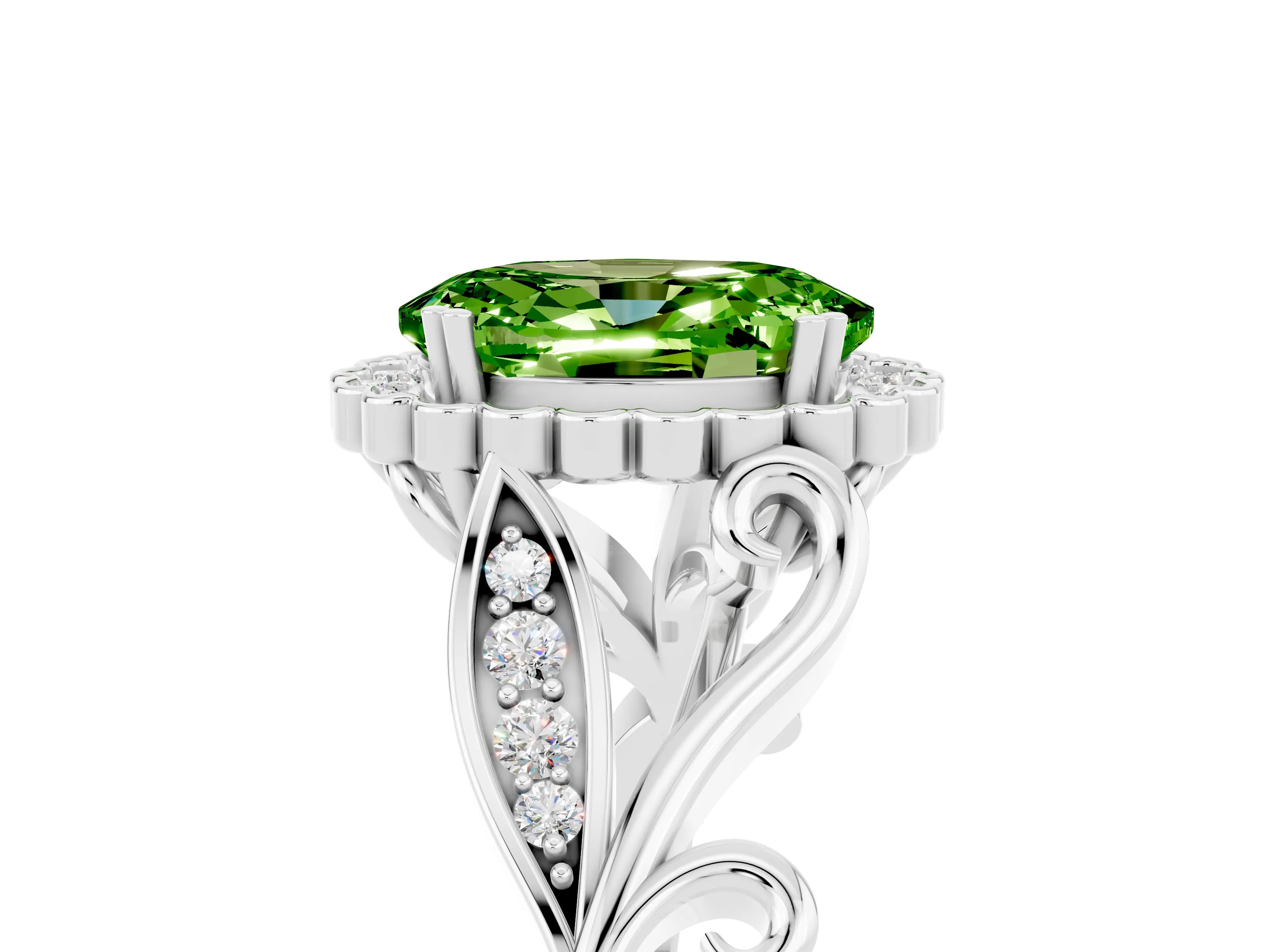 White gold Oval Cut Peridot Halo Ring with Vintage Split Shank and Four-Prong Setting_29