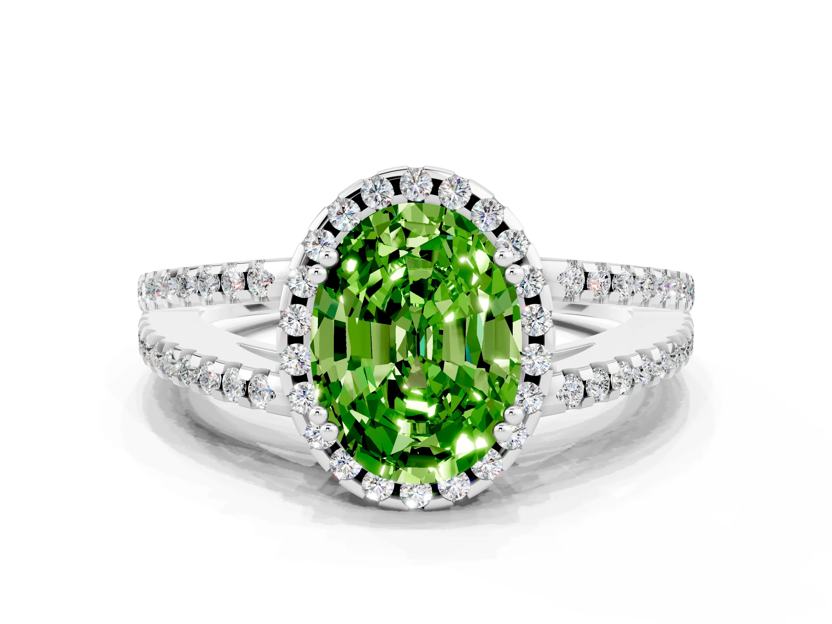 White gold Oval Cut Peridot Halo Split Shank Engagement Ring_12