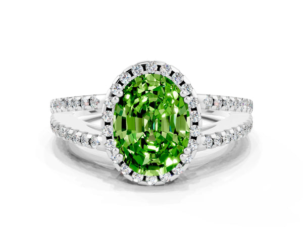 Silver Oval Cut Peridot Halo Split Shank Engagement Ring