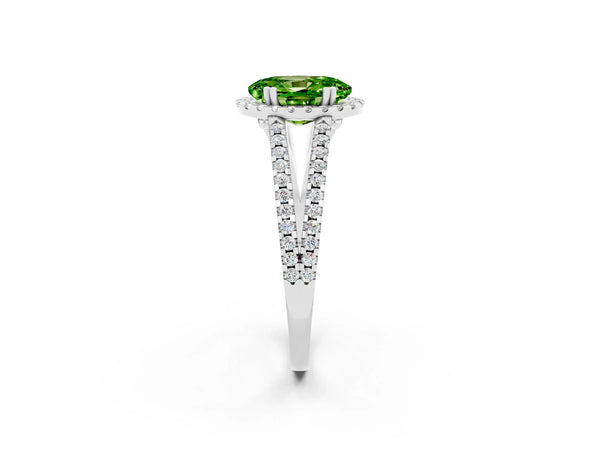 Silver Oval Cut Peridot Halo Split Shank Engagement Ring