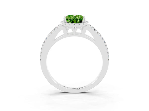 White gold Oval Cut Peridot Halo Split Shank Engagement Ring