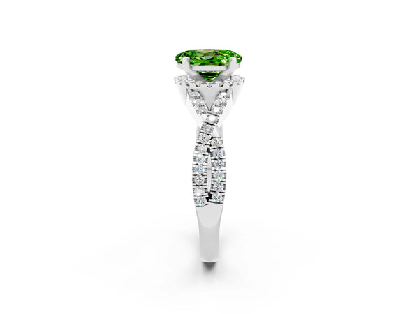 Platinum Oval Cut Peridot  Halo Twist Band Solitaire Prong Setting Ring