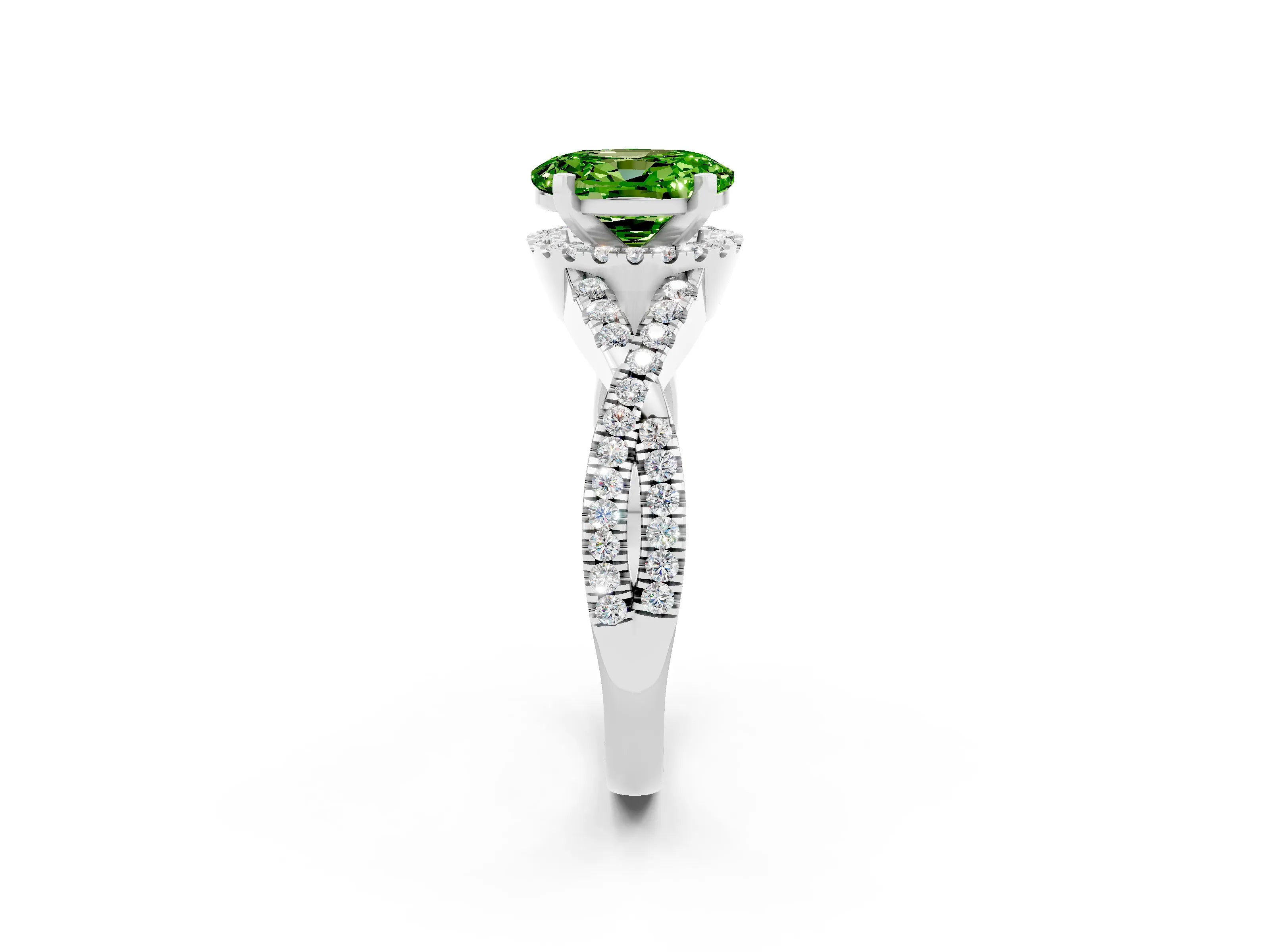 White gold Oval Cut Peridot Halo Twist Band Solitaire Prong Setting Ring_2
