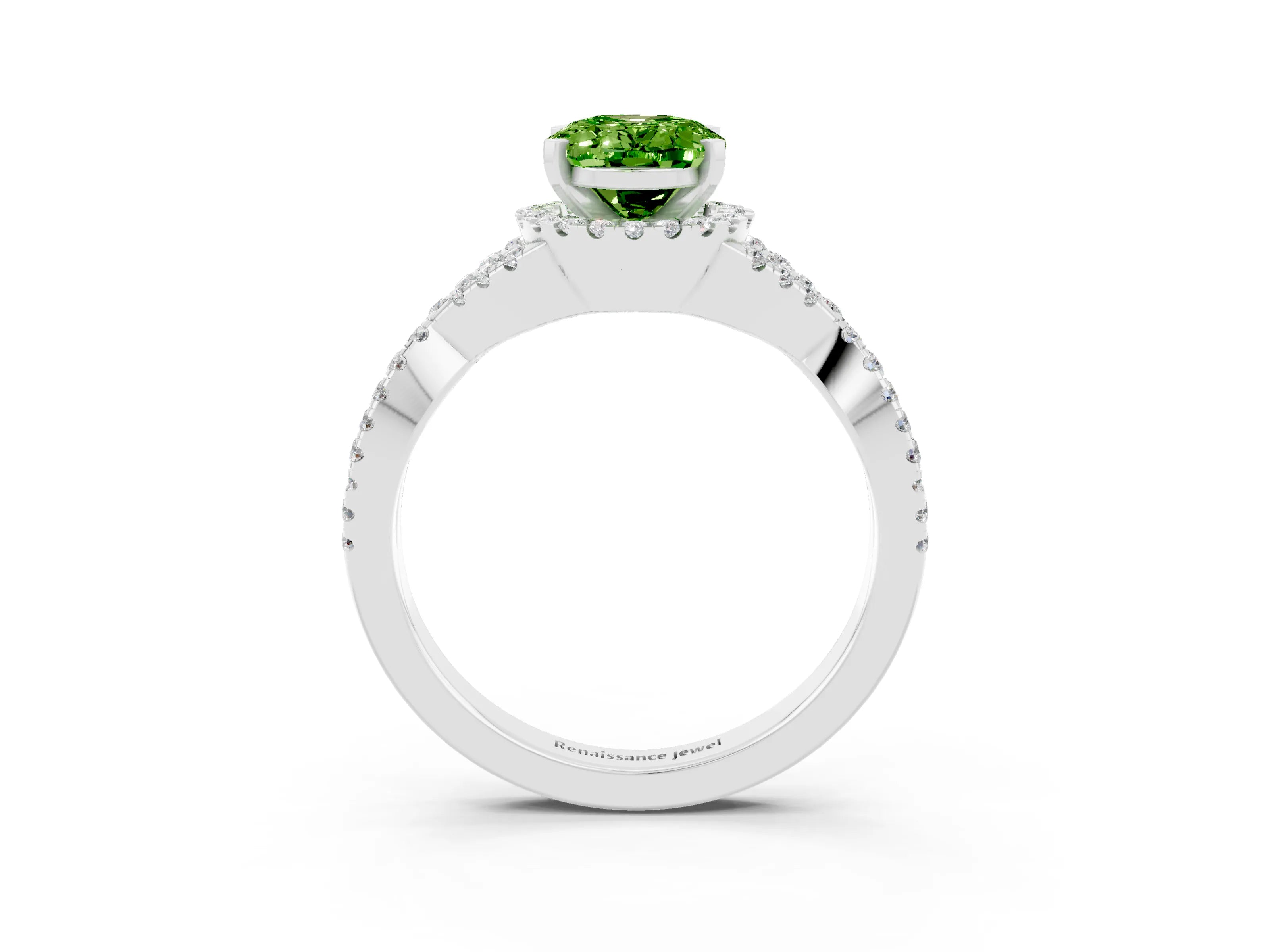 White gold Oval Cut Peridot Halo Twist Band Solitaire Prong Setting Ring_3