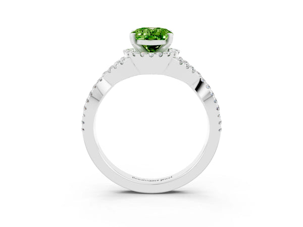 Silver Oval Cut Peridot  Halo Twist Band Solitaire Prong Setting Ring