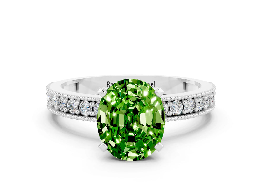 White gold Oval Cut Peridot Milgrain Pavé Engagement Ring with Four-Prong Setting_12