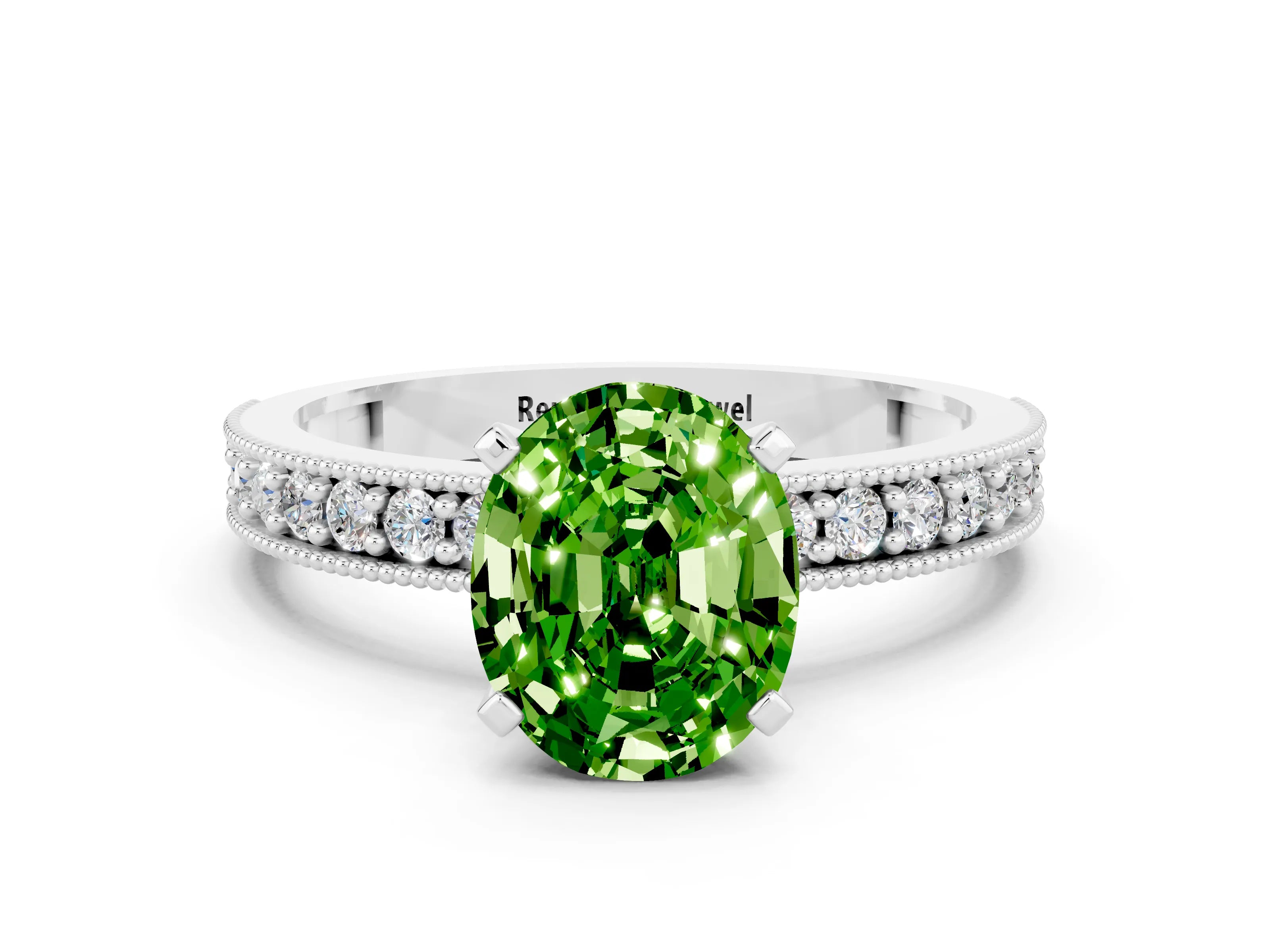 White gold Oval Cut Peridot Milgrain Pavé Engagement Ring with Four-Prong Setting_12