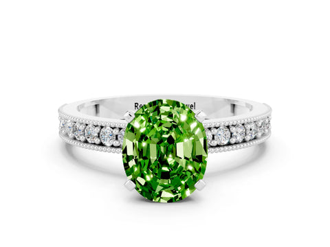 White gold Oval Cut Peridot Milgrain Pavé Engagement Ring with Four-Prong Setting_12