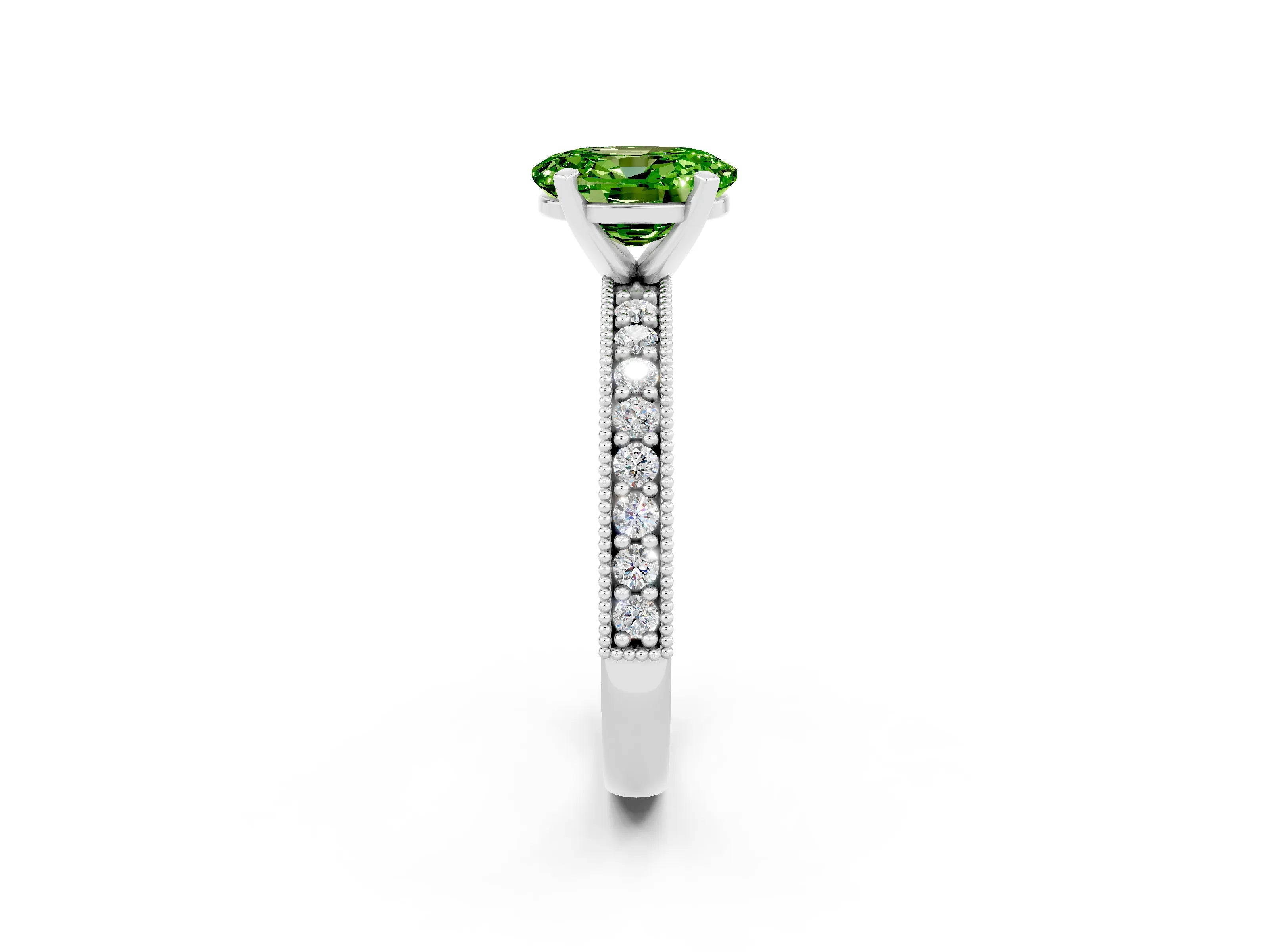 White gold Oval Cut Peridot Milgrain Pavé Engagement Ring with Four-Prong Setting_14
