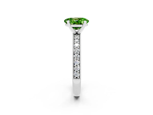 White gold Oval Cut Peridot Milgrain Pavé Engagement Ring with Four-Prong Setting