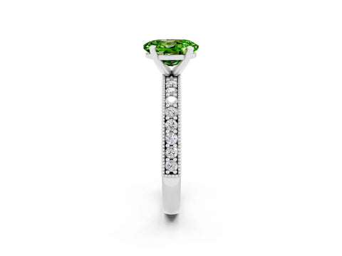 White gold Oval Cut Peridot Milgrain Pavé Engagement Ring with Four-Prong Setting_14