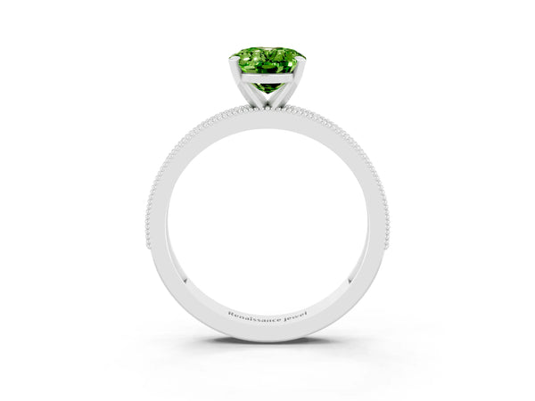 Silver Oval Cut Peridot Milgrain Pavé Engagement Ring with Four-Prong Setting