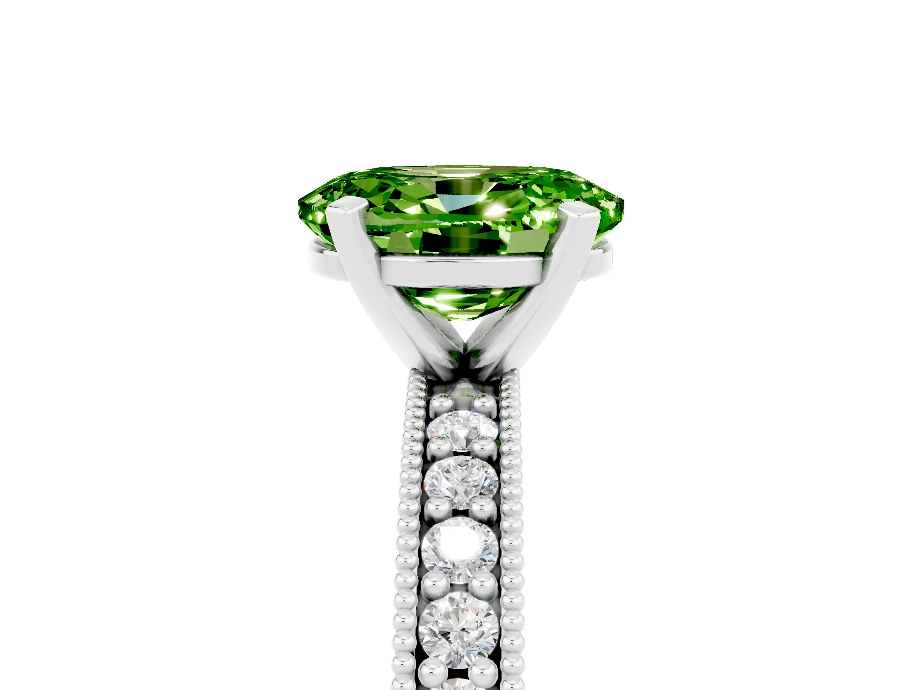 White gold Oval Cut Peridot Milgrain Pavé Engagement Ring with Four-Prong Setting_17