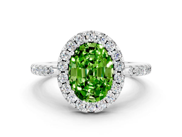 Silver Oval Cut Peridot Pavé Halo Ring with Four-Prong Setting