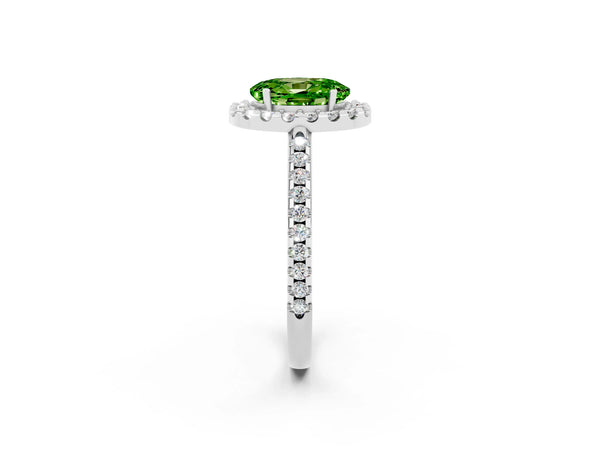 White gold Oval Cut Peridot Pavé Halo Ring with Four-Prong Setting
