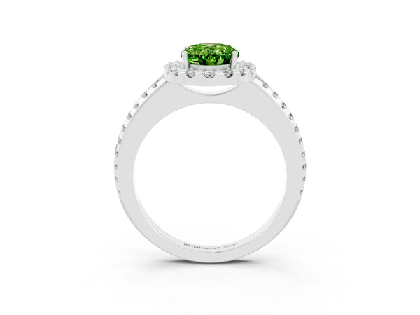 White gold Oval Cut Peridot Pavé Halo Ring with Four-Prong Setting
