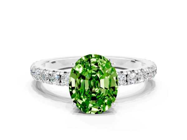 White gold Oval Cut Peridot Pavé Solitaire Engagement Ring with Four-Prong Setting