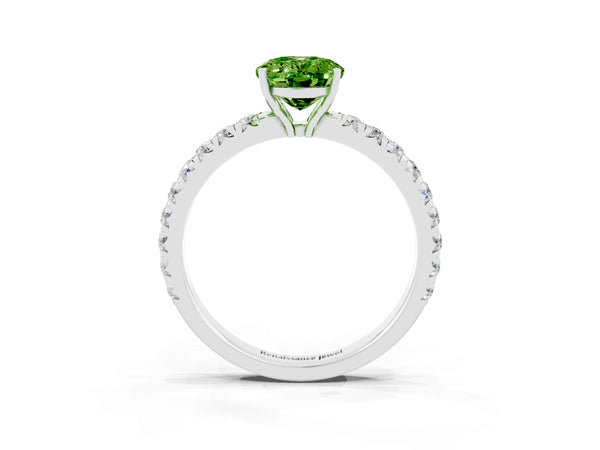 Silver Oval Cut Peridot Pavé Solitaire Engagement Ring with Four-Prong Setting