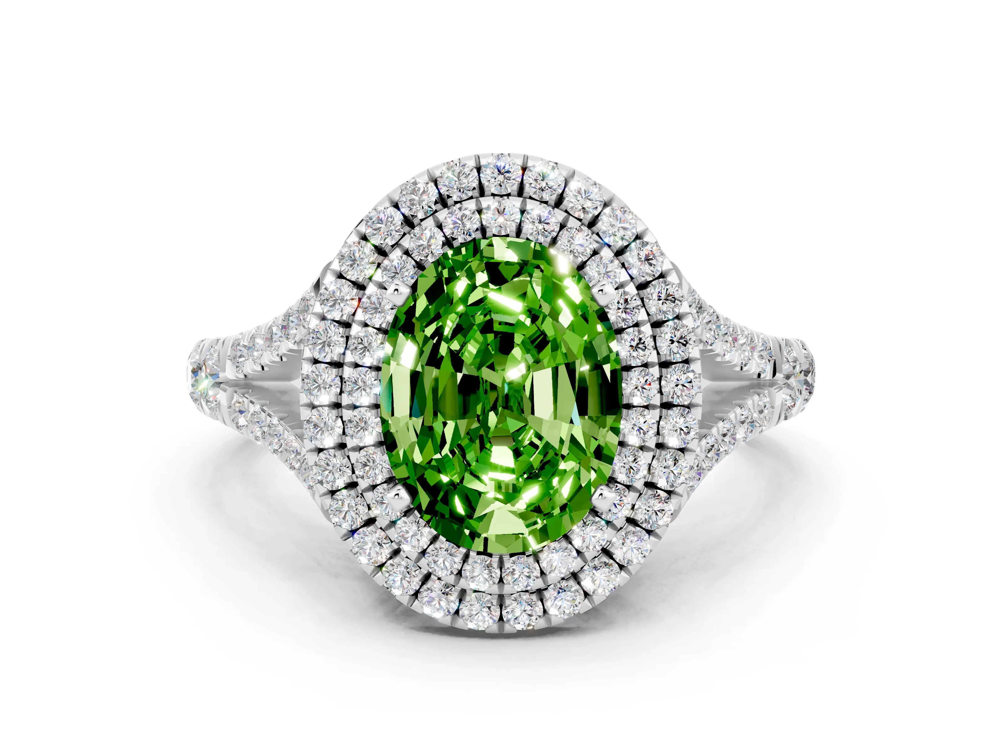 White gold Oval Cut Peridot Pavé Split Shank Double Halo Engagement Ring