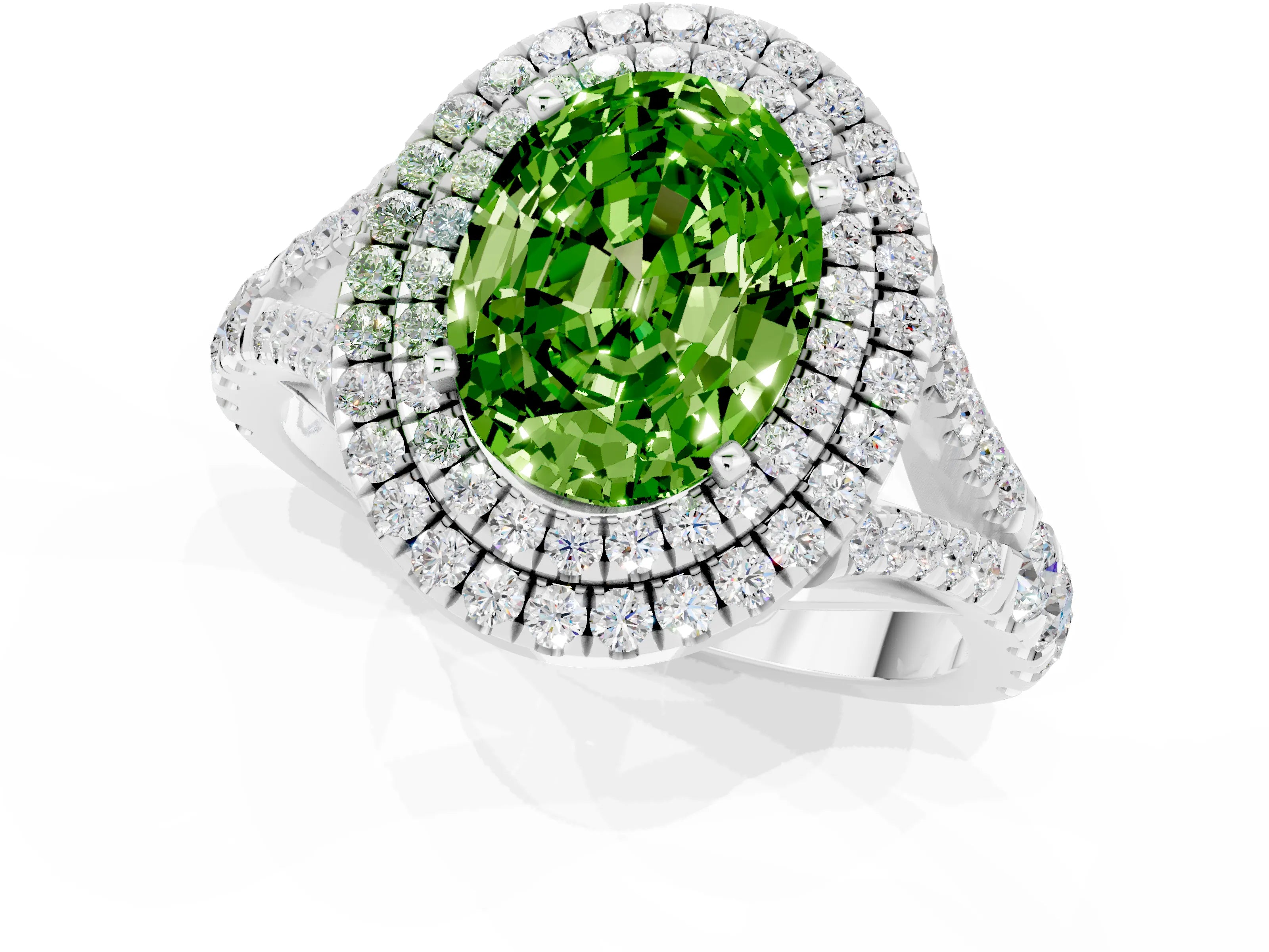White gold Oval Cut Peridot Pavé Split Shank Double Halo Engagement Ring_1