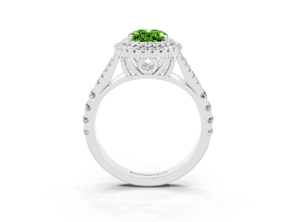 Silver Oval Cut Peridot Pavé Split Shank Double Halo Engagement Ring