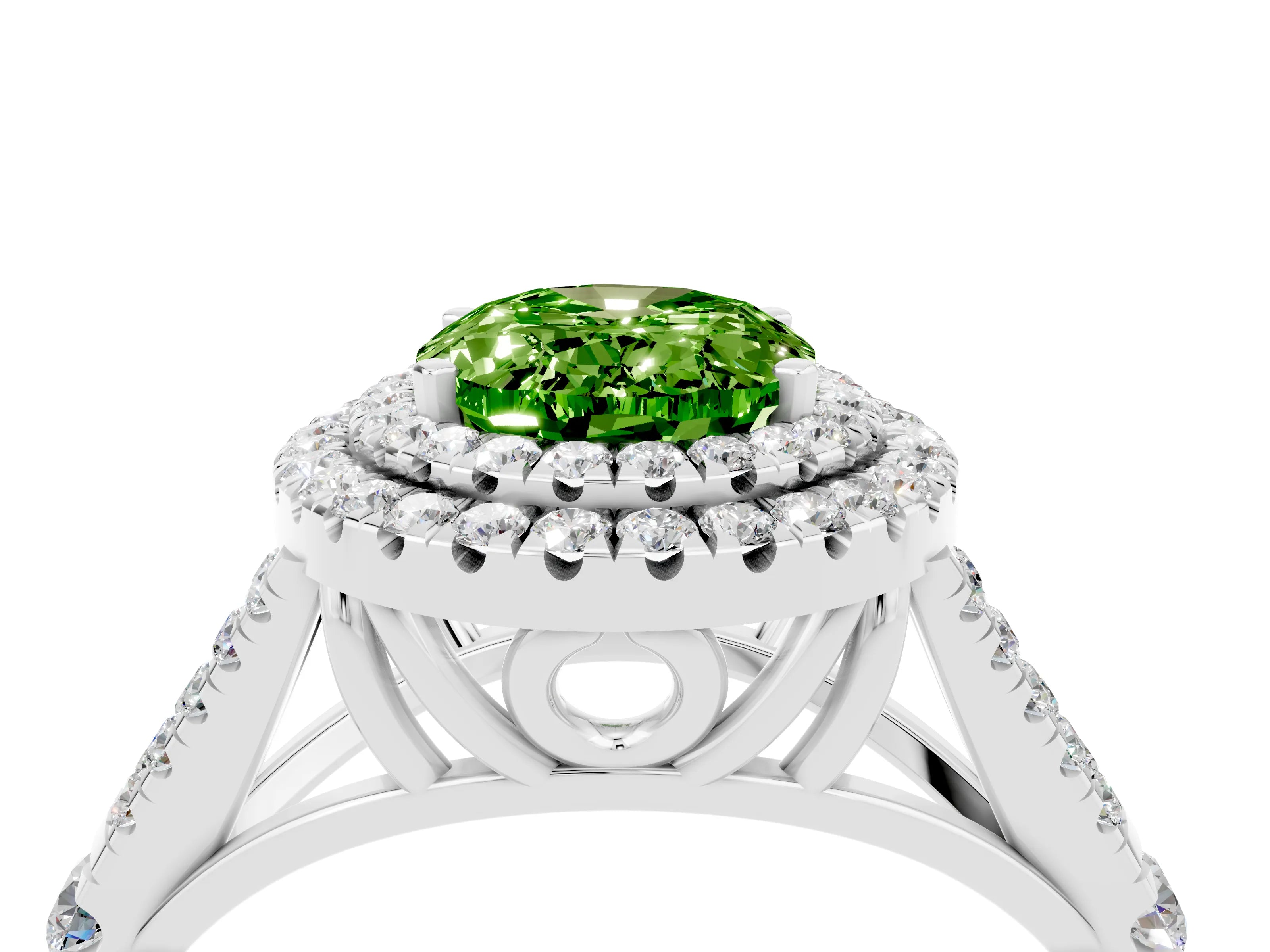 White gold Oval Cut Peridot Pavé Split Shank Double Halo Engagement Ring_4