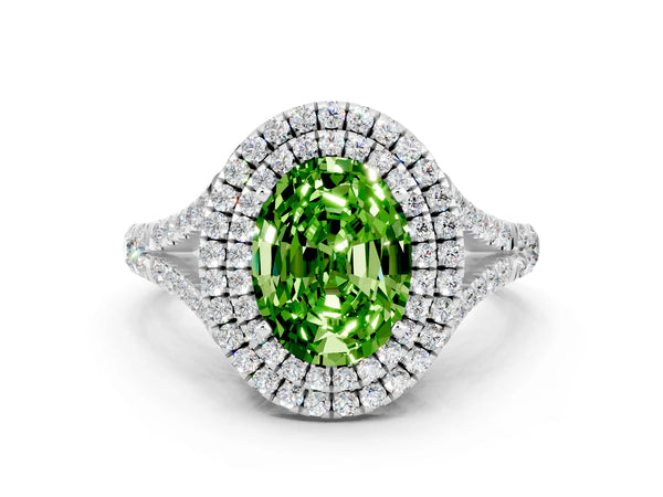 Silver Oval Cut Peridot Pavé Split Shank Double Halo Engagement Ring