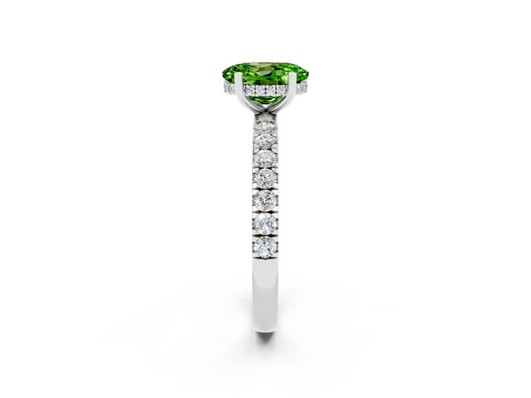 Platinum Oval Cut Peridot Pave Band Solitaire Ring with Round  and Prong Setting