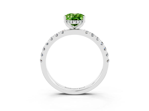 Silver Oval Cut Peridot Pave Band Solitaire Ring with Round  and Prong Setting