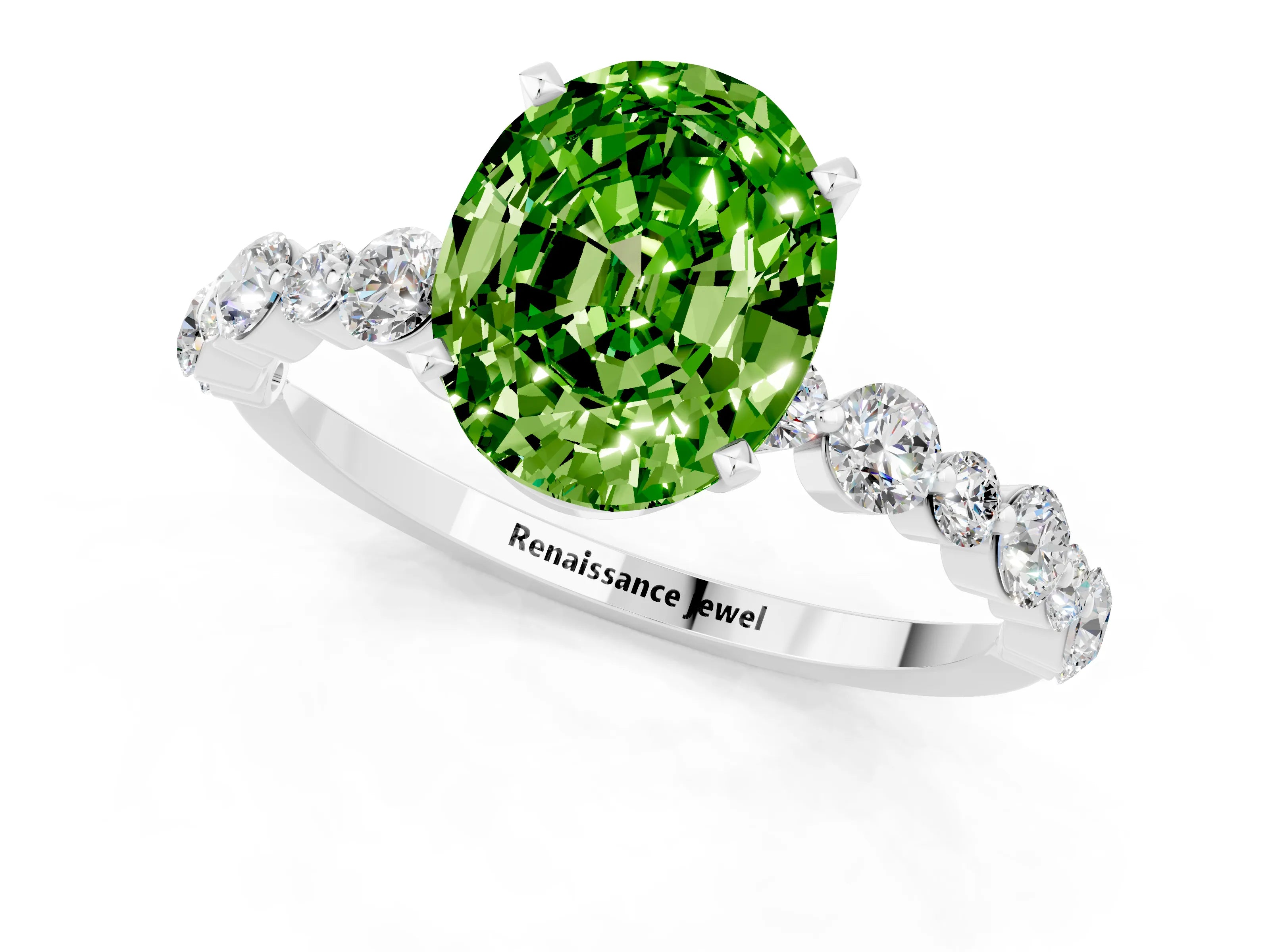 White gold Oval Cut Peridot Prong Set Engagement Ring with Pavé Band_1
