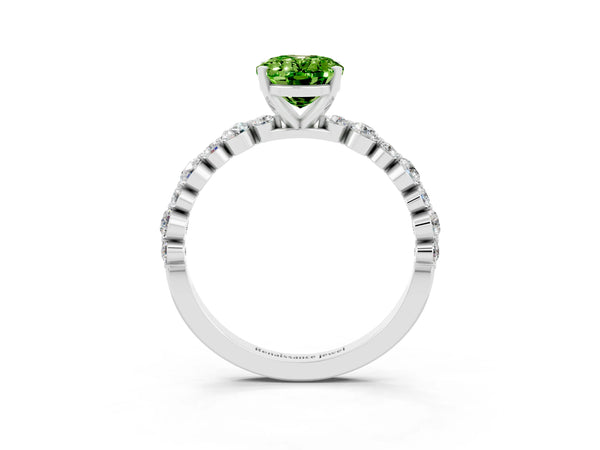 Platinum Oval Cut Peridot Prong Set Engagement Ring with Pavé Band
