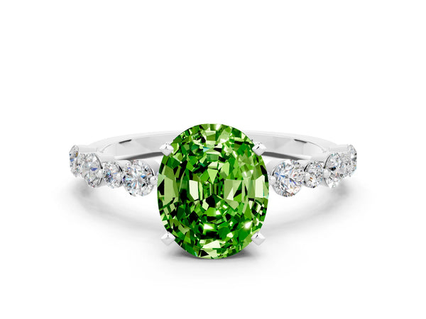 Silver Oval Cut Peridot Prong Set Engagement Ring with Pavé Band