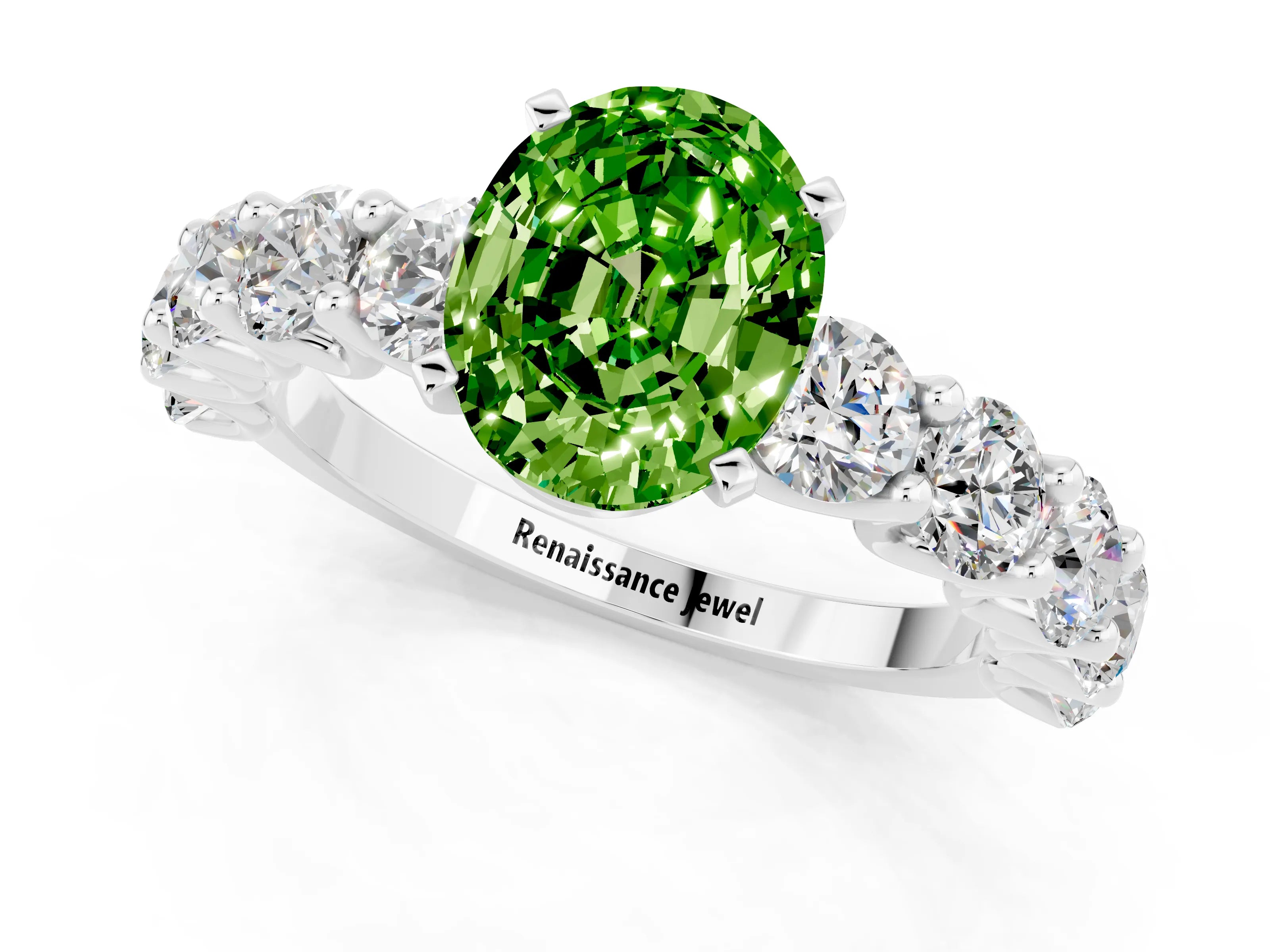White gold Oval Cut Peridot Prong Setting with Side Stones on a Pave Band_1