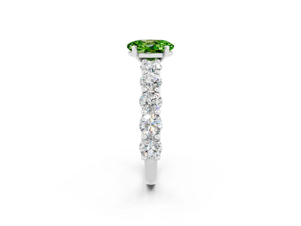 Silver Oval Cut Peridot Prong Setting with Side Stones on a Pave Band